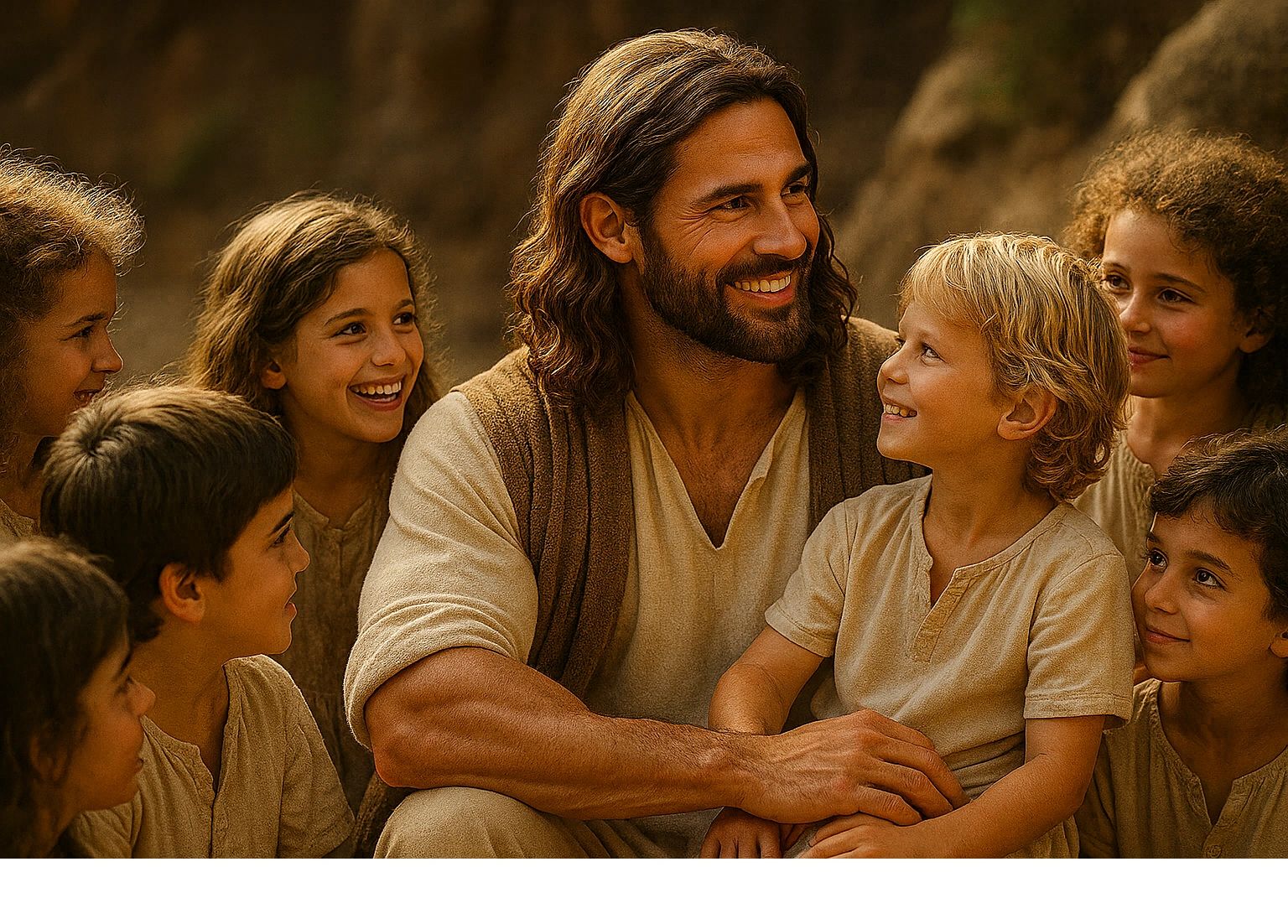 Jesus smiling with a group of children